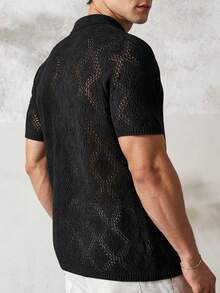 Airaco Men's Summer Holiday Front Button Hollow Knit Shirt - Brown - View 2