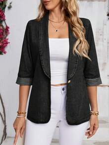 EMERY ROSE Chaqueta de Mezclilla Lavada Casual Talla Grande - Negro - Ver 1
