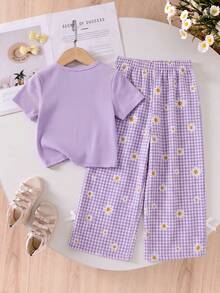 Genkimix Kids 2pcs/Set Young Girls Textured Tee With 3D Floral Decor & Casual Long Pants, Suitable For And Casual Outings - Purple - View 2