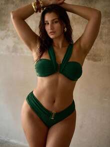 MOTF PREMIUM PLUS SIZE WOMEN'S FRONT CROSS DECONSTRUCTED METAL DECOR HOLLOW OUT ELEGANT ROMANTIC BEACH VACATION BIKINI SET - Dark Green - View 3