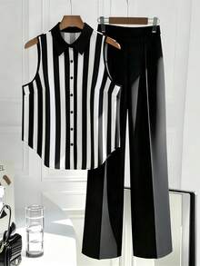 Seusyu Plus Size 2pcs Black And White Pattern Lapel Sleeveless Top And Long Pants Set Office Formal Business Summer Elegant Casual - Black - View 6
