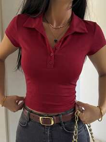 DAZY 女款領口短袖修身性感休閒套頭街頭風T恤 夏季 - 紅色 - 查看 4