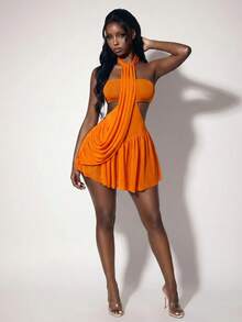 Amplova Sleeveless Draped Neck Bodycon Mini Dress - Orange - View 5