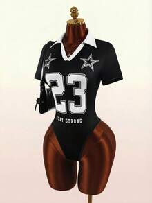 Amplova Digital Print Polo Collar Jersey Bodysuit - Black - View 4