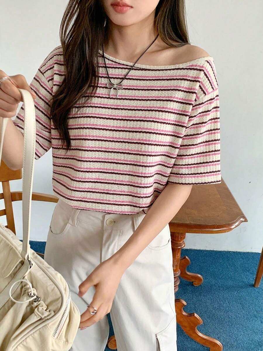 DAZY 女款落肩圓領短袖條紋飾邊短袖T恤 夏季 - 彩色 - 查看 1