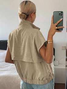 DAZY 女款翻領無袖短版街頭休閒背心式輕量夾克 夏季 - 卡其色 - 查看 4