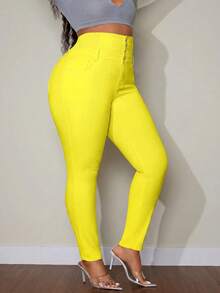 SHEIN SXY Plus Size Solid Color High Waist Slim Fit Jeans - Yellow - View 6