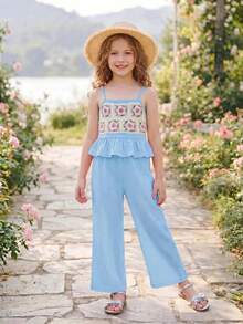 Emery Rose Kids Emery Rose Kids 少女花卉刺繡細肩帶背心上衣與長褲套裝 - 藍色 - 查看 13