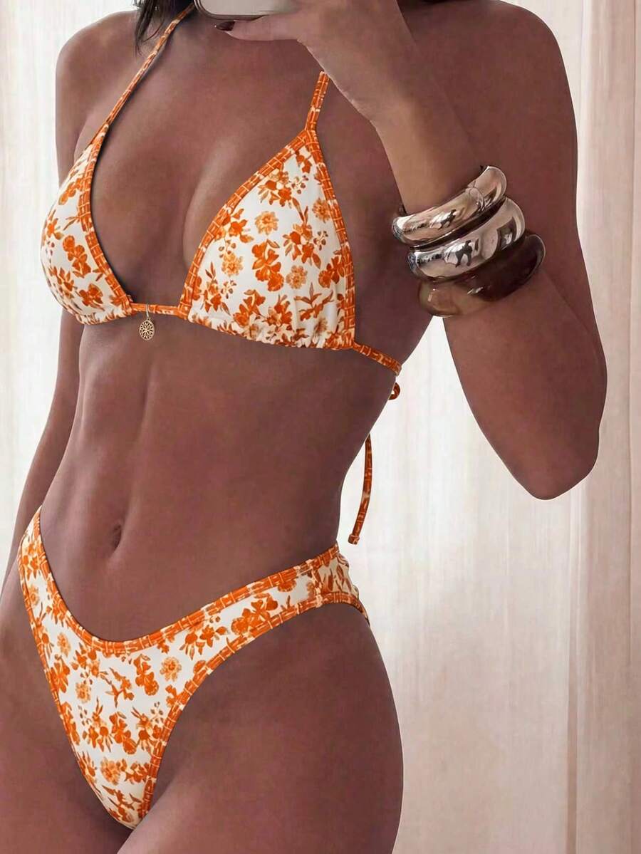 Costavie 女款夏季海灘花卉印花掛脖綁帶性感比基尼三角泳褲兩件式泳衣套裝 - 橘色 - 查看 1