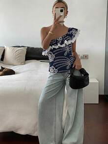 DAZY 女款全幅花卉植物印花休閒度假夏季抹胸上衣圖案T恤 - 藏蓝色 - 查看 4