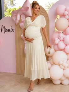 Loomaby Pregnant Women's Solid Color Crossed V-Neck Batwing Sleeve Elegant Dress,Gender Reveal Dress,Maternity Dress,Baby Shower Dress - Khaki - View 6
