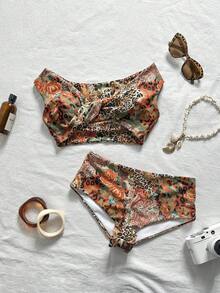 SHEIN Swim 甜心領淺藍色花卉冰絲印花柔軟面料扭轉杯可愛性感熱帶比基尼兩件式泳衣 度假海灘派對夏季 - 彩色 - 查看 5