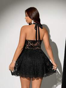 Viva Relle Plus Size Women's Spring/Summer Black Lace Sexy Avant-Garde French Casual Youthful Elegant Fashionable Chic Knit Elastic Versatile Comfortable Inner Wear Black Dress Sexy Women's Sexy Social Holiday Outfit Black Bustier Tight Women's Black Formal Dress Formal Skirt Outerwear Youthful Elegant Sexy Patchwork Sexy Women's Top Sexy Holiday Outfit Social Black Top Black Jumpsuit Black Bustier Tight High-End Transparent Off-Shoulder Slim Fit Inner Wear Solid Color - Black - View 2