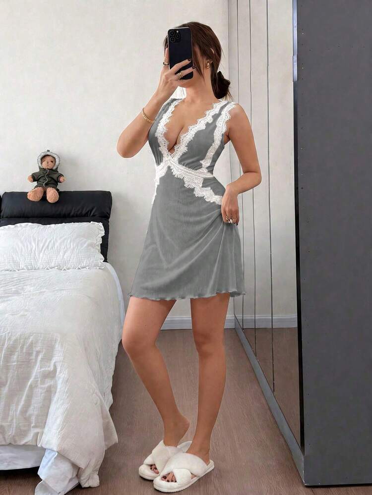 Napfluff Women's Sleeveless Lace Trim Deep V-Neck Short Nightgown Loungewear Honeymoon Sleeping White Summer Elegant - Grey - View 4