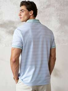 Airaco Men's Blue Striped Button Collar Polo Shirt Golf Summer Smart Casual - Multicolor - View 2