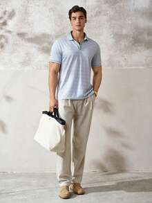 Airaco Men's Blue Striped Button Collar Polo Shirt Golf Summer Smart Casual - Multicolor - View 3