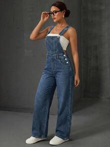 SHEIN EZwear 女式字母贴袋设计休闲阔腿牛仔连体裤 - 霧霾藍 - 查看 3