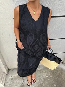 Dazy Plus 蕾絲休閒度假風簡約V領海灘優雅通勤寬鬆大尺碼女款春夏洋裝太陽裙 - 黑色 - 查看 4