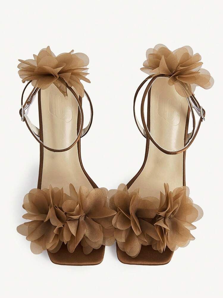 CUCCOO CHICEST Women Shoes Spring And Summer Mesh Three-Dimensional Flower Decoration Buckle Strap Open-Toed High Heel, Sweet Wind Satin Mesh, Women's High Heel Sandals Dating Party Commuting Shopping Banquet Wedding Festival Gift