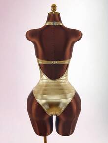 Amplova Women's One-Piece Swimsuit Gold Faux Bandage Style Sexy Avant-Garde Suitable For Vacation Wear Bathing Suits For Women - Gold - View 8