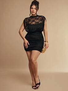 SHEIN BAE CURVE Vestido mini de encaje negro para mujer talla grande - Negro - Ver 4