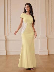 ZEYLAH Spring Summer Patchwork Position Embroidery Dress - Yellow - View 4