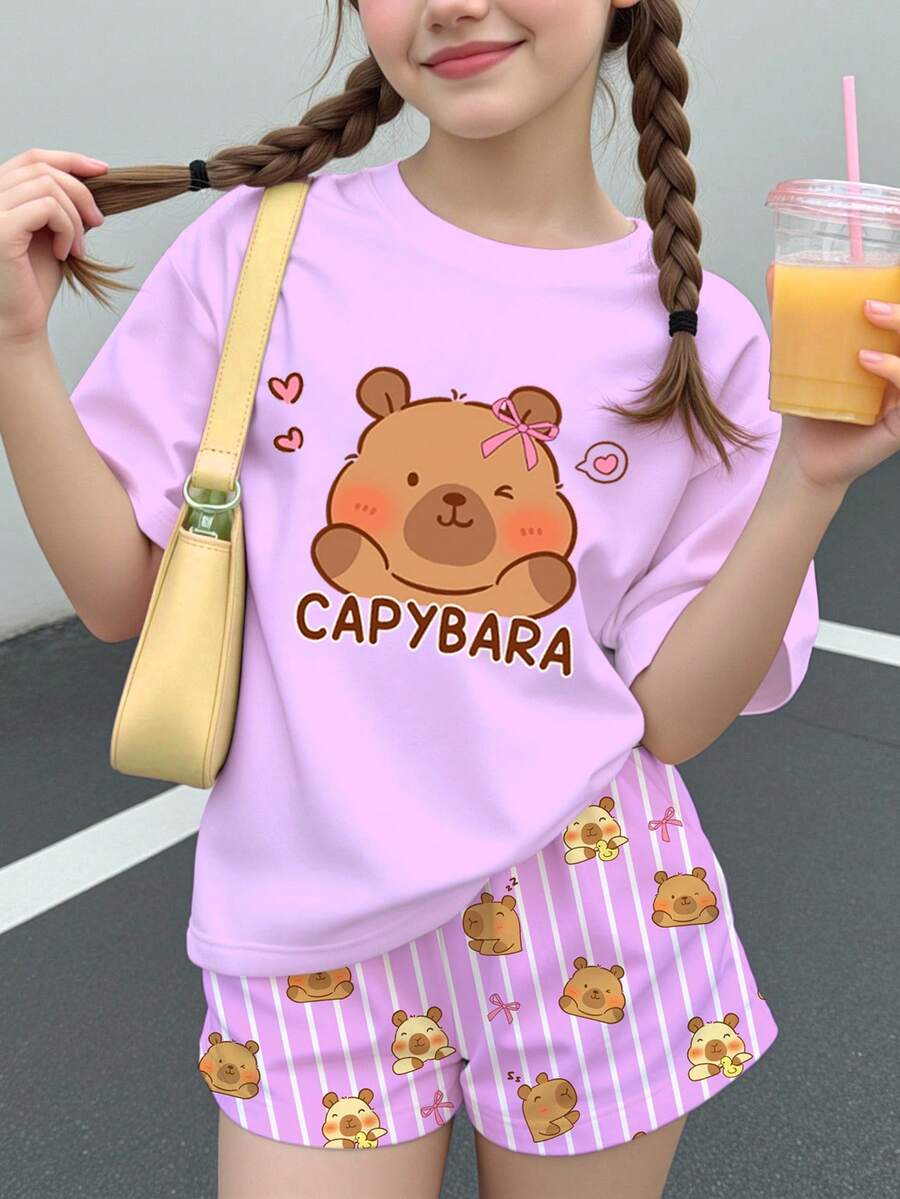 Bộ đồ 2 mảnh áo ngắn tay và quần short cho bé gái tuổi teen, phong cách casual đơn giản dễ thương, họa tiết Capybara, màu tím, kẻ sọc, phong cách Kawaii Y2K, thoải mái, phù hợp mùa xuân/hè - Nhiều màu - Xem 1