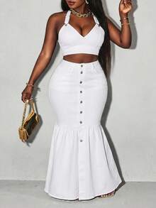 Slaydiva Falda vaquera ajustada de talla grande para mujer con botones y volantes en el bajo de unicolor - Blanco - Ver 7