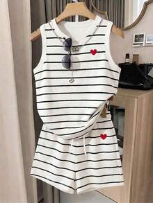 Resyla Fashion Casual Round Neck Basic Striped Print Heart Pattern Tank Top + Shorts 2pcs Set - Multicolor - View 4