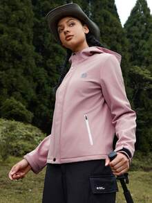 WanderVale 女款素色連帽抽繩口袋拉鍊休閒長袖戶外輕便運動外套 - 粉色 - 查看 3