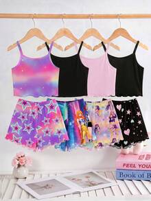 [Randomly Selected 1 Set] Young Girls Summer Fashionable Cool K-Pop Girl Group Print Camisole With All-Over Print Girl Group Print Shorts With Ruffled Trim Design, Comfortable And Soft Knitted Fabric, Two Pieces Homewear/Pajamas, Suitable For Home And Outings, Versatile - Multicolor - View 2