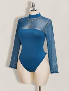 SHEIN ICON Plus Size Mesh Patchwork Y2K Sexy Bodysuit - Navy Blue - View 3