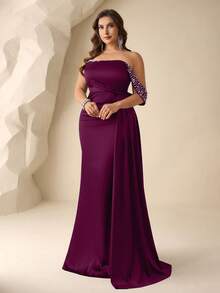 Coutiva Plus Size Women's Faux Pearl Decorated Off-Shoulder Glamorous Formal Evening Gown (Intricate Design) - Red Violet - View 4