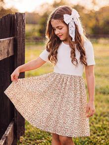 Emery Rose Kids Emery Rose Kids 少女夏季休閒可愛拼接碎花圓領短袖洋裝，海灘度假白色花卉 - 白色 - 查看 10