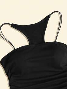 SHEIN Franclia 夏季女款上衣，女款素色荷葉邊飾修身雙肩帶裝飾連身衣，黑色上衣，百搭女款細肩帶背心上衣 - 黑色 - 查看 4