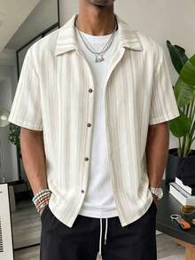 Manfinity Joysei Men's Summer Striped Short Sleeve Button-Down Casual Shirt - Khaki - View 6