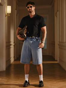 SIGLOCORE Men's Fashion Streetwear Pocket Button Denim Shorts - Blue - View 5
