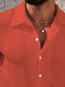 Manfinity Homme Camisa casual versátil de manga corta con textura y botonadura sencilla para hombres - Naranja - Ver 5