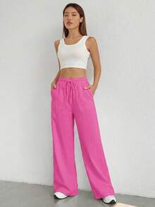 SHEIN EZwear 玫瑰红编织抽绳腰斜插口袋休闲裤 - 玫紅色 - 查看 3