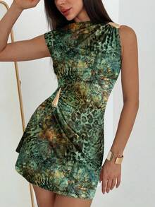 Aloruh 女款優雅性感綠色豹紋紮染金屬裝飾抓皺傘擺短袖迷你洋裝，度假、夏季派對、夜晚外訪、夜店 - 墨綠色 - 查看 4