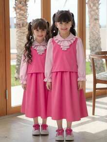 Conjunto casual de top y falda 2 en 1 con patchwork, volantes, rayas y manga larga para niña preadolescente - Rosa - Ver 5