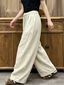 SHEIN Holidaya Apricot Cinched Waist Loose Split Patchwork Trousers, Holiday, Vacation, Island Vacation - Khaki - View 5
