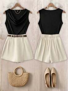 Franclia Women's Plus Size Sleeveless Tank Top With Cowl Neck Slim Fit Knit Top And Casual Elegant Shorts 2pcs Set Commuter Office Outfit Black White Summer - Multicolor - View 4