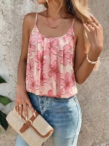 SHEIN Clasi 女款度假風仿油畫印花細肩帶上衣 - 粉色 - 查看 5
