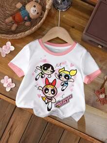 THE POWERPUFF GIRLS X SHEIN Camiseta casual de manga corta con cuello redondo y estampado de letras de dibujos animados para niña bebé - Blanco - Ver 1
