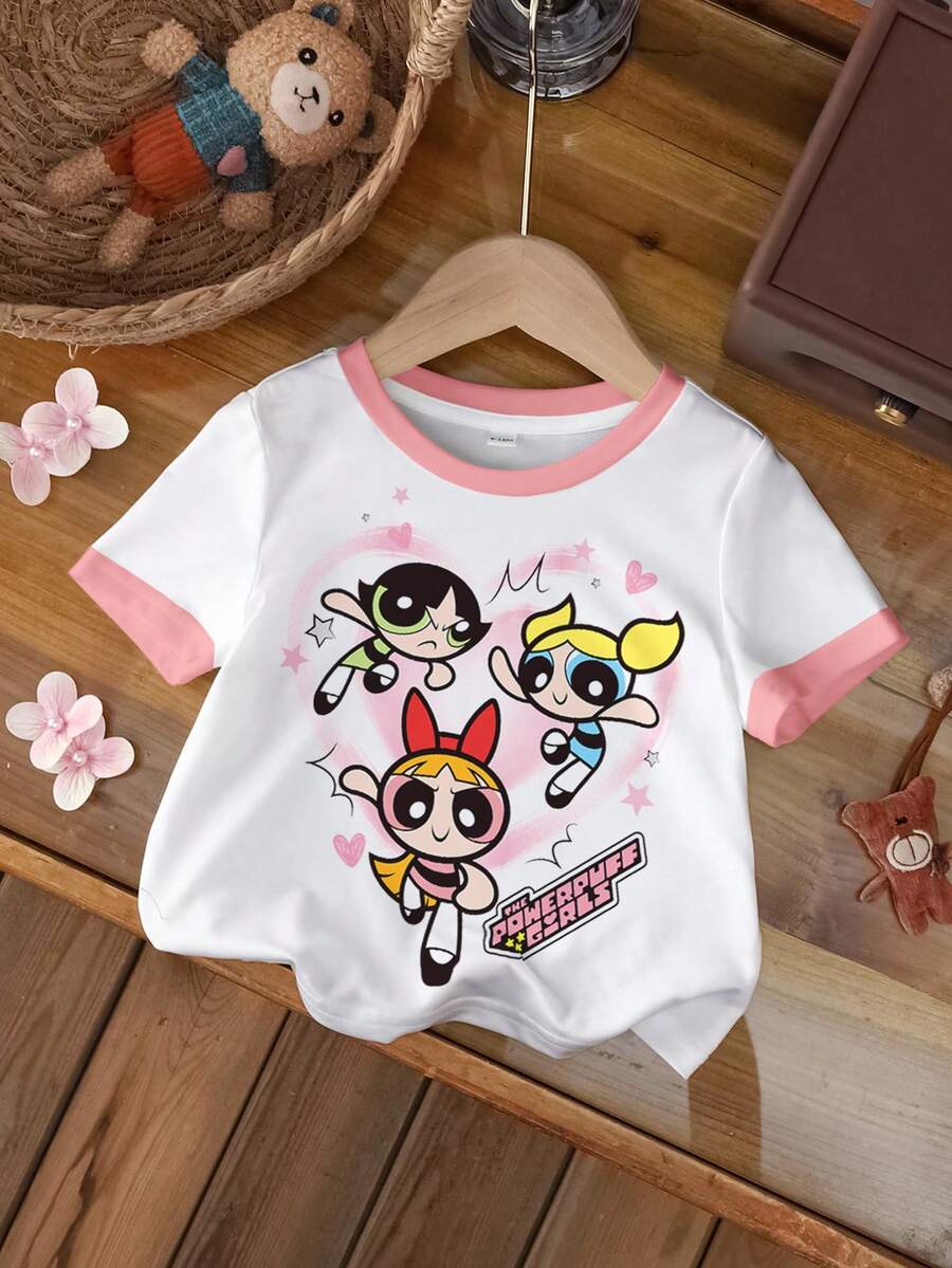 THE POWERPUFF GIRLS X SHEIN Camiseta casual de manga corta con cuello redondo y estampado de letras de dibujos animados para niña bebé - Blanco - Ver 1