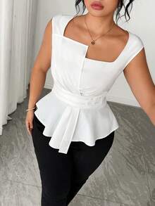 Elenzga Plus Size Women's Fashionable Solid Color Sleeveless Shirt - White - View 6