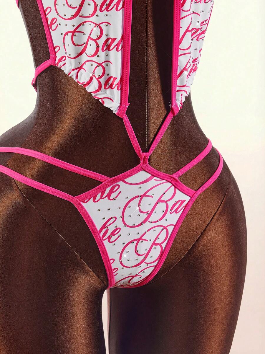Amplova Women's One-Piece Swimsuit With Pattern Contrast Binding Rhinestone Embellishment Sexy Avant-Garde Cut-Out Backless Design Suitable For Vacation And Party Outfits
