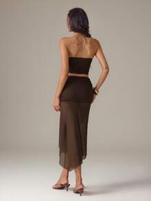 SHEIN Tall Women's Elegant Vacation Style Textured Jacquard Set, Bohemian Style Mesh Patchwork Bodycon Skirt And Camisole Top Set - Coffee Brown - View 2
