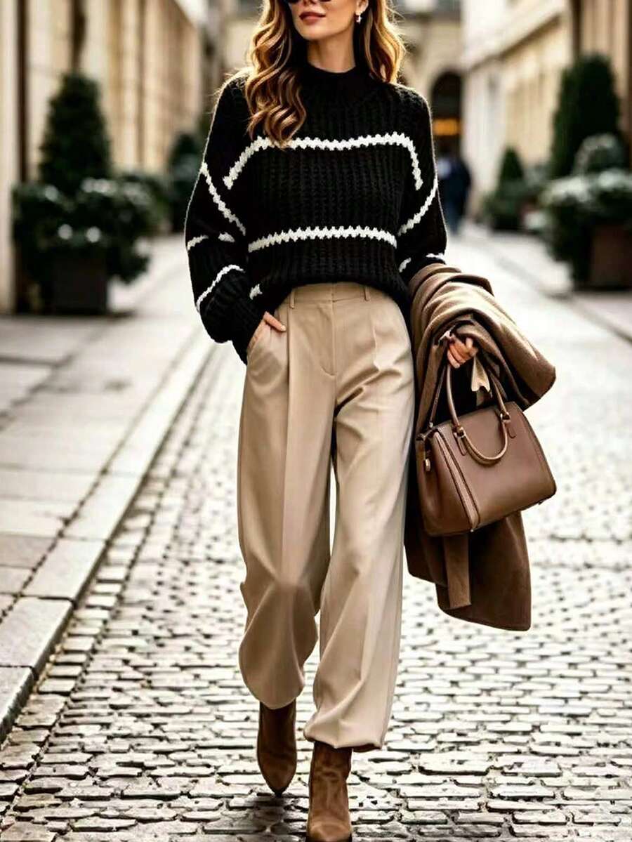 Balvessa Striped Pattern Drop Shoulder Sweater,Long Sleeve Tops Knit Pullover Fall Winter Sweater - Black - View 1